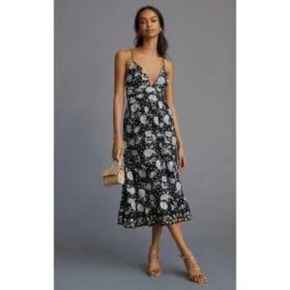 Anthropologie Maeve Embroidered Midi Dress Black Floral Bee Print NEWwtags Small - Picture 3 of 7